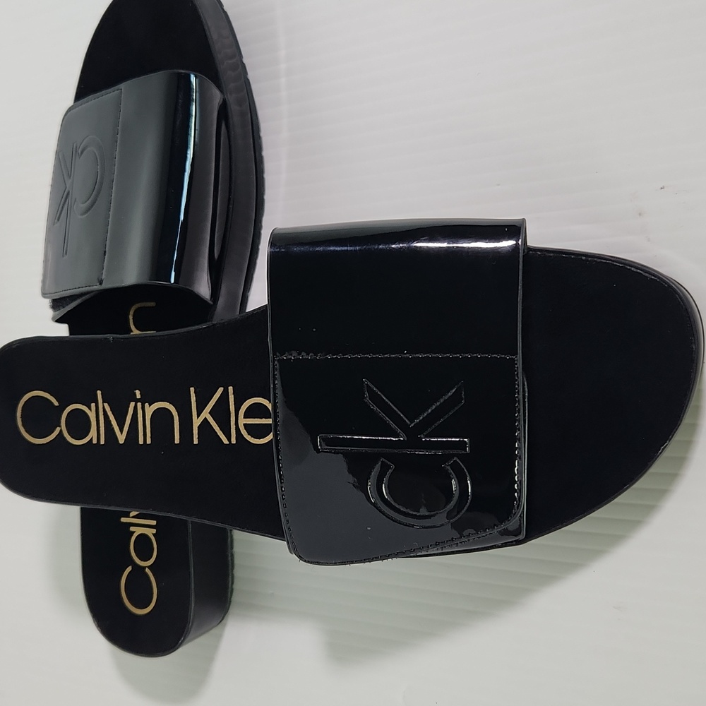 Calvin Klein Patten Leather Black Slide Sandals 8